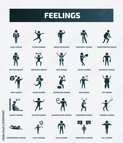 set of 25 filled feelings icons. flat filled icons such as cool human, stupid human, disappointed human, safe lost bad excited terrible alive emotional icons.