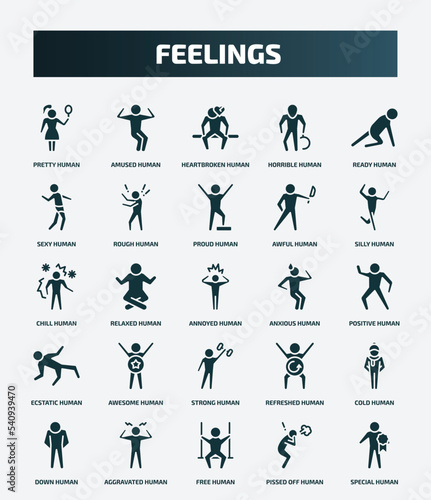 set of 25 filled feelings icons. flat filled icons such as pretty human, amused human, ready human, proud chill anxious awesome cold free pissed off icons.