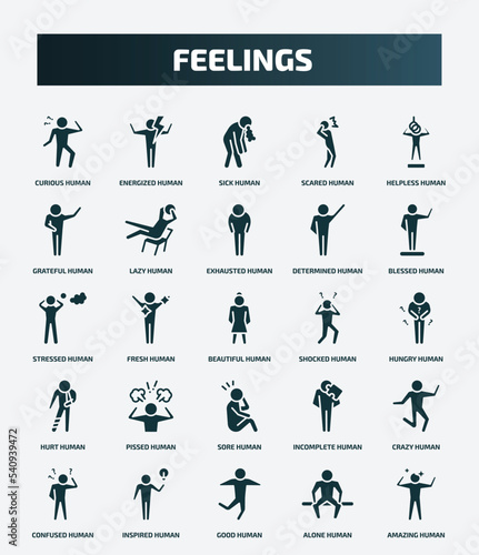 set of 25 filled feelings icons. flat filled icons such as curious human, energized human, helpless human, exhausted stressed shocked pissed crazy good alone icons.