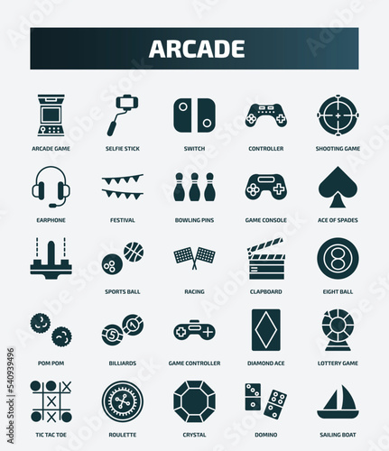 set of 25 filled arcade icons. flat filled icons such as arcade game, selfie stick, shooting game, bowling pins, , clapboard, billiards, lottery game, crystal, domino icons.