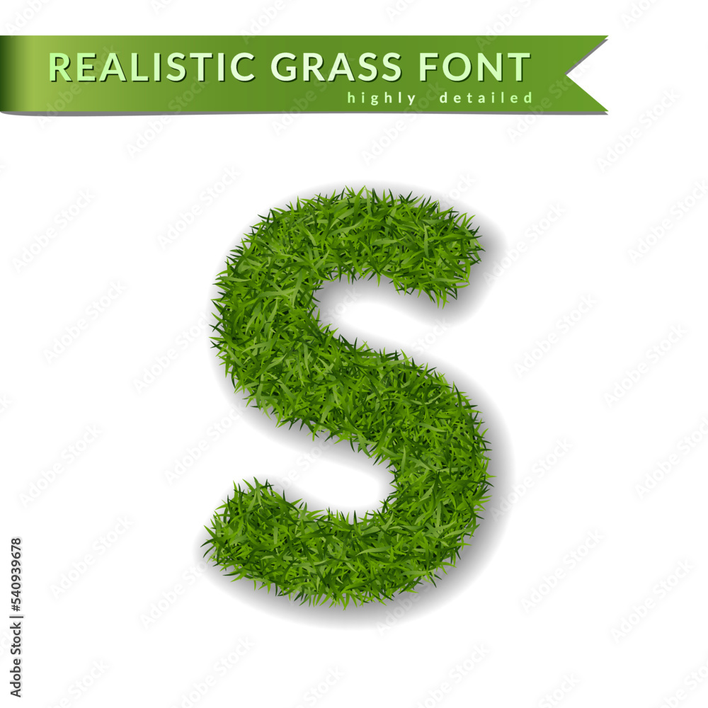 Grass letter S, alphabet 3D design. Capital letter text. Green font isolated white background, shadow. Symbol eco nature, environment, save the planet. Detailed lush plant meadow Vector illustration Grass letter S, alphabet 3D design. Capital letter text. Green font isolated white background, shadow. Symbol eco nature, environment, save the planet. Detailed lush plant meadow Vector illustration
