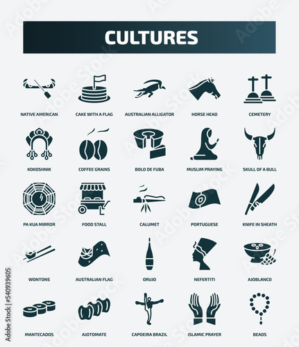 set of 25 filled cultures icons. flat filled icons such as native american canoe, cake with a flag, cemetery, bolo de fuba, pa kua mirror, portuguese, australian flag, ajoblanco, capoeira brazil