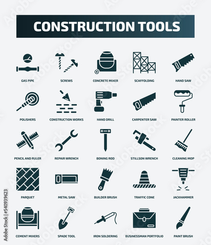 set of 25 filled construction tools icons. flat filled icons such as gas pipe, screws, hand saw, hand drill, pencil and ruler, stillson wrench, metal saw, jackhammer, iron soldering, businessman