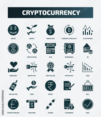 set of 25 filled cryptocurrency icons. flat filled icons such as greed, invest, fluctuation, atm, donation, crypto key, loan, sell, chains, e-business icons.