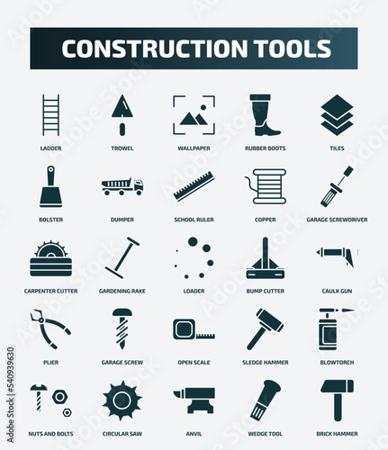 set of 25 filled construction tools icons. flat filled icons such as ladder, trowel, tiles, school ruler, carpenter cutter, bump cutter, garage screw, blowtorch, anvil, wedge tool icons.