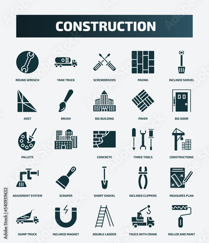 set of 25 filled construction icons. flat filled icons such as round wrench, tank truck, inclined shovel, big building, pallete, three tools, scraper, measures plan, double ladder, truck with crane