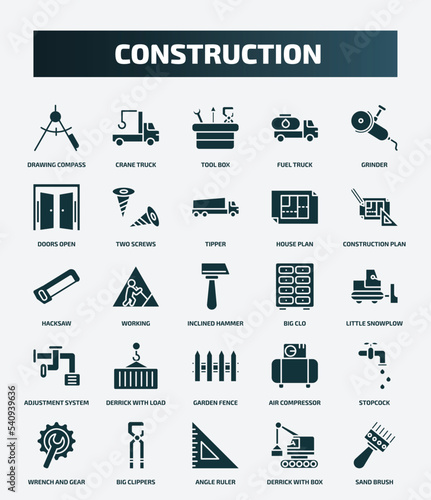 set of 25 filled construction icons. flat filled icons such as drawing compass, crane truck, grinder, tipper, hacksaw, big clo, derrick with load, stopcock, angle ruler, derrick with box icons.