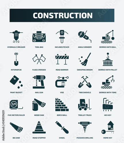 set of 25 filled construction icons. flat filled icons such as hydraulic breaker, tool bag, derrick with ball, road barrier, paint bucket, two shovels, wood saw, hex key, chisel, pickaxes drilling