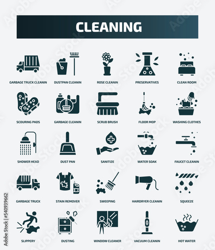 set of 25 filled cleaning icons. flat filled icons such as garbage truck cleanin, dustpan cleanin, clean room, scrub brush, shower head, water soak, stain remover, squeeze, window cleaner, vacuum