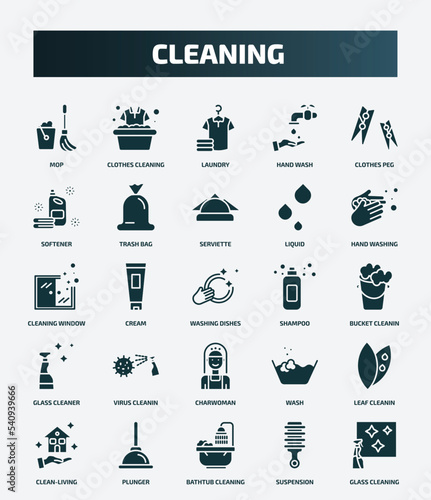 set of 25 filled cleaning icons. flat filled icons such as mop, clothes cleaning, clothes peg, serviette, cleaning window, shampoo, virus cleanin, leaf cleanin, bathtub suspension icons.