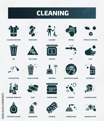 set of 25 filled cleaning icons. flat filled icons such as cleaner uniform, hand soap, states of matter, solvent, sterilization, no water cleanin, soap, cleaning house, sponges, garden hose icons.