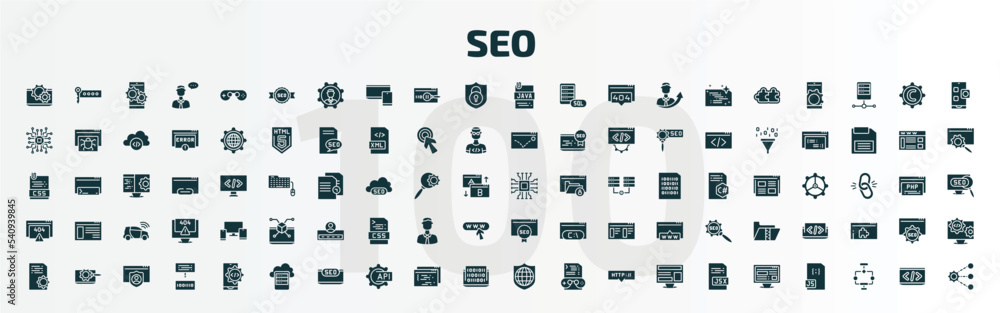 set of 100 seo filled icons set. flat icons such as software, seo badge, , hardware, error 404, seo ranking, article, data storage, secured network, adaptive layout glyph set of 100 seo filled icons set. flat icons such as software, seo badge, , hardware, error 404, seo ranking, article, data storage, secured network, adaptive layout glyph