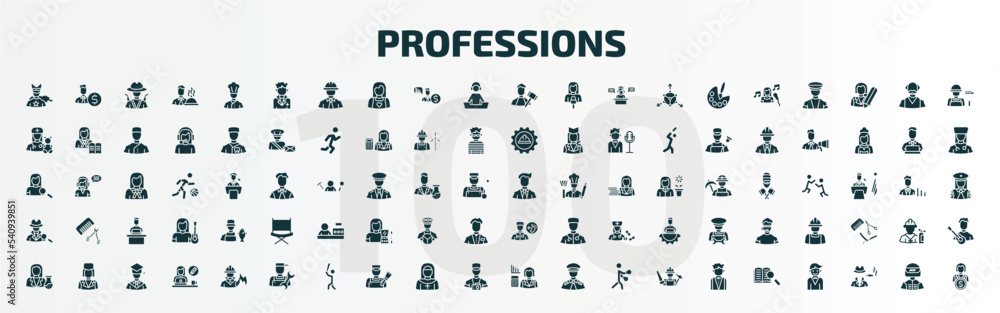 Obraz premium set of 100 professions filled icons set. flat icons such as superhero, doctor, judge, businessman, detective, podiatrist, chemist, plumber, actuary, guide glyph icons.