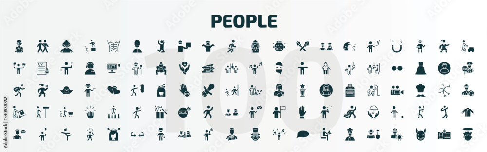 Obraz premium set of 100 people filled icons set. flat icons such as student books, queens guard, bride avatar, landkeeper, worker loading, man thinking about love, monologue, biceps of a man, magician boy,
