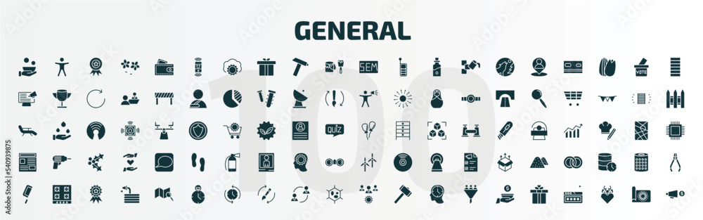 set of 100 general filled icons set. flat icons such as poverty, smart assistant, sem, floating balloons, news feed, renewable energy label, fretsaw, analog stopwatch, project team, birthday