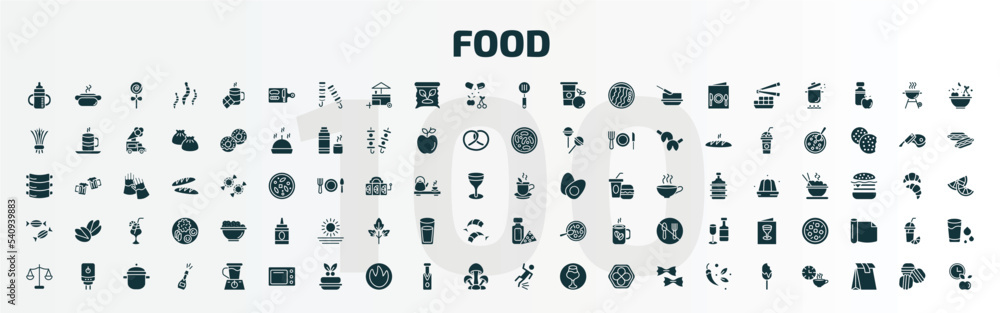 set of 100 food filled icons set. flat icons such as sippy cup, chop, slotted spoon, hot herbal, sugar container, dairy, scale balanced tool, kitchen pack, fallen, bitten ice cream glyph icons.