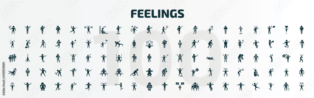 set of 100 feelings filled icons set. flat icons such as accomplished human, pumped human, sorry human, terrible lazy sick annoyed good full confident glyph icons.