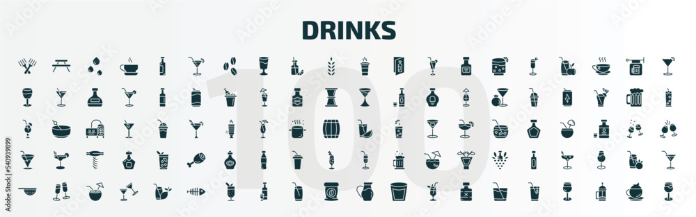 set of 100 drinks filled icons set. flat icons such as forks, cosmopolitan, paper cup, watermelon juice, pink rose, ramos gin fizz, sieve, fish skeleton, water jug, ice tea glyph icons. set of 100 drinks filled icons set. flat icons such as forks, cosmopolitan, paper cup, watermelon juice, pink rose, ramos gin fizz, sieve, fish skeleton, water jug, ice tea glyph icons.