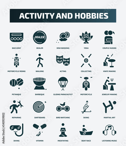 set of 25 filled activity and hobbies icons. flat filled icons such as baccarat, dealer, couple huging, acting, petanque, motorcycle, dartboard, martial art, meditating, boat race icons.