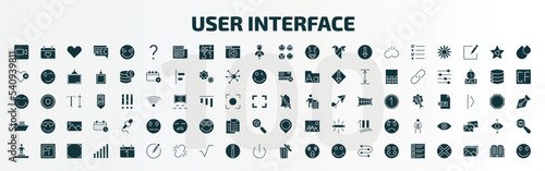 set of 100 user interface filled icons set. flat icons such as facetime, question mark, the of, disable alarm, data folder, point at, about successful man, editor, rubbish, film list glyph icons.