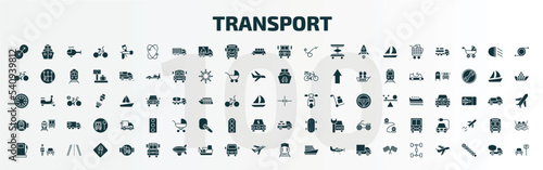 set of 100 transport filled icons set. flat icons such as transition, movement, prison bus, slim, tram stop label, loaded truck side view, petrol station, school van, diesel train, chassis glyph