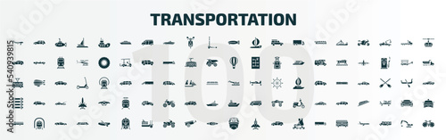 set of 100 transportation filled icons set. flat icons such as jumbo jet, ferry boat, dirigible, hydroplane, railway line, cruiser, school bus, train front, boat front view, double decker bus glyph