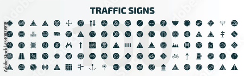 set of 100 traffic signs filled icons set. flat icons such as merging, crossroads, no chatting, crossing, motorway, narrow bridge, pothole, curves, no stopping, degree curve road glyph icons.