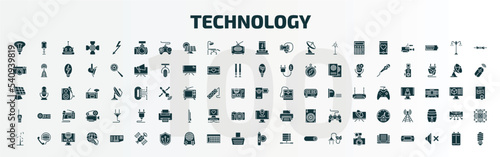 set of 100 technology filled icons set. flat icons such as bulb, cam with big len, dock, little camcorder, big walkie talkie, holiday, wind power, space satellite, solar battery, customs glyph