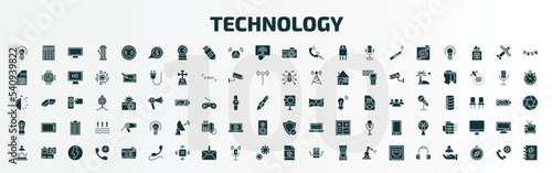 set of 100 technology filled icons set. flat icons such as old light bulb, receive money message, photograph camera, digitate, light bulb turned off, safe shield protection, teletransportation,