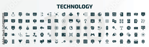 set of 100 technology filled icons set. flat icons such as bugs, leading, light bulb idea, raster images, vpn, email marketing, web apps, responsive web de, front end, battery status glyph icons.