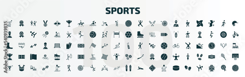 set of 100 sports filled icons set. flat icons such as ice skating, football cup, exercise ball, drift car, champion, balls, weight lifting, aerobics, shin guards, boxing glove glyph icons. photo