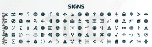 set of 100 signs filled icons set. flat icons such as alarm, exclamation mark, gift shop, not disturb, text documents, prohibition circle, reason, parenthesis, classroom cup, copying glyph icons.
