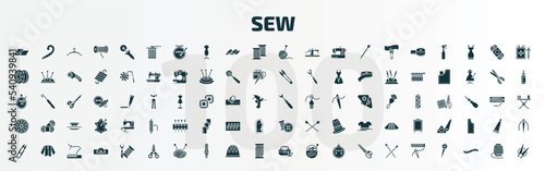 set of 100 sew filled icons set. flat icons such as fabric, knit, wool ball, seam ripper, spokes, sewing tools, thread nippers, sewing scissors, sewing box, stitches glyph icons.