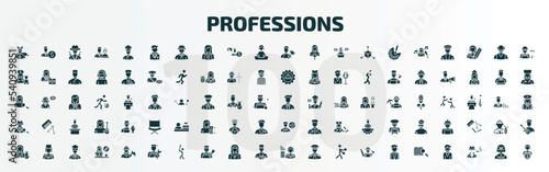 set of 100 professions filled icons set. flat icons such as superhero, doctor, judge, businessman, detective, podiatrist, chemist, plumber, actuary, guide glyph icons.