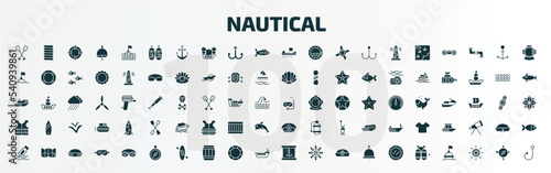 set of 100 nautical filled icons set. flat icons such as paddles, oxygen tank, trireme, snorkel, vest, captain hat, message in a bottle, compass inclined, sea package, double air tank glyph icons.