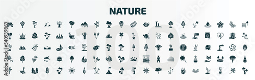 set of 100 nature filled icons set. flat icons such as beautiful lotus flower, bigtooth aspen tree, fern, the maples tree, floral decorations, mountains with trees, quaking aspen tree, sun flare,