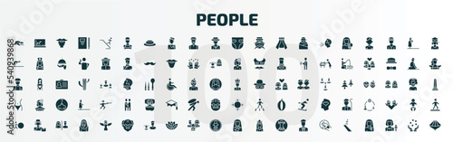 set of 100 people filled icons set. flat icons such as sujud, technician, baby diaper, empress, hips, round table, effort, old man, mother and baby, walking downstairs glyph icons.