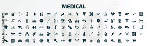 set of 100 medical filled icons set. flat icons such as dead, brush with tooth paste, medical hammer tool, sticking plaster, plastered foot, hospital building front, pulse line, united