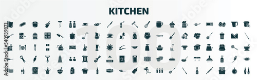 set of 100 kitchen filled icons set. flat icons such as aluminum foil, salt and pepper, meat tenderizer, strainer, pan, kitchen board, dishes, milk, cutting board, ketchup glyph icons.