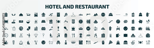 set of 100 hotel and restaurant filled icons set. flat icons such as luggage, hostel, people, takoyaki, 24 service, bathrobe, receptionist, vegetarian, elevator, napkins glyph icons.