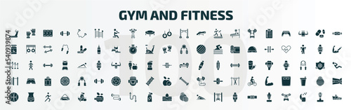 set of 100 gym and fitness filled icons set. flat icons such as running hine, gym ladder, training apparatus, rowing hine, tightening bar, arms extender, power ball, fitness nutrition, pilates