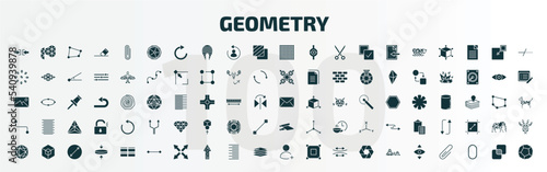 set of 100 geometry filled icons set. flat icons such as constraint, ennegon, grids, , line segment, off, icosahedron, line, join, perspective glyph