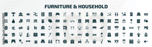 set of 100 furniture & household filled icons set. flat icons such as cupboard, bookshelf, cuckoo clock, desk chair, bath, table clock, fish bowl, fauteuil, night stand, gateleg table glyph icons.