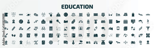 set of 100 education filled icons set. flat icons such as school agenda, chemical diagram, abcus, swinging, ink, book and magnifier, classroom tribune, math book, hand care, graduation diploma