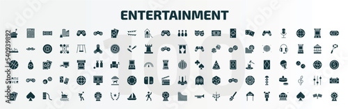 set of 100 entertainment filled icons set. flat icons such as sandbox, super, bowling pins, disco, game over, , gambler, ferris wheel, roller coaster, puppet show glyph