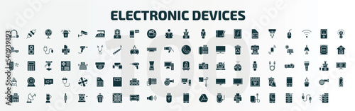set of 100 electronic devices filled icons set. flat icons such as headphones, iron, food processor, furnace, grill, leaf blower, battery, espresso maker, usb, electric blanket glyph icons.