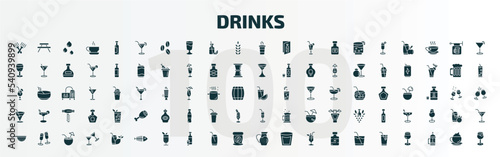 set of 100 drinks filled icons set. flat icons such as forks, cosmopolitan, paper cup, watermelon juice, pink rose, ramos gin fizz, sieve, fish skeleton, water jug, ice tea glyph icons.