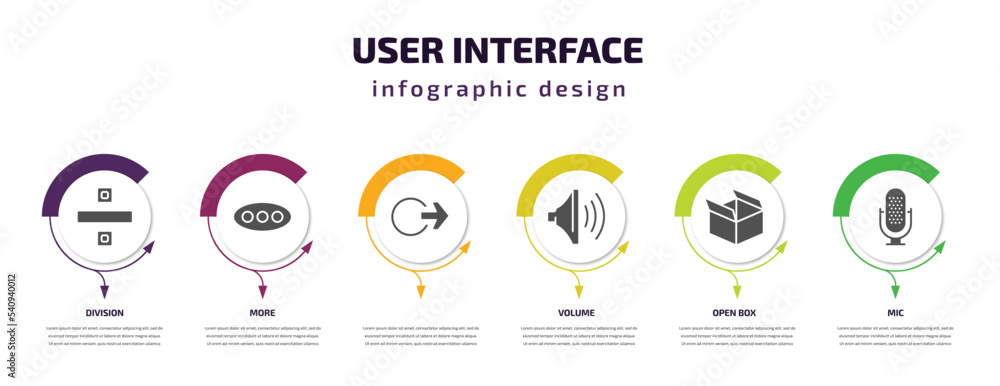 user interface infographic template with icons and 6 step or option. user interface icons such as division, more, , volume, open box, mic vector. can be used for banner, info graph, web,