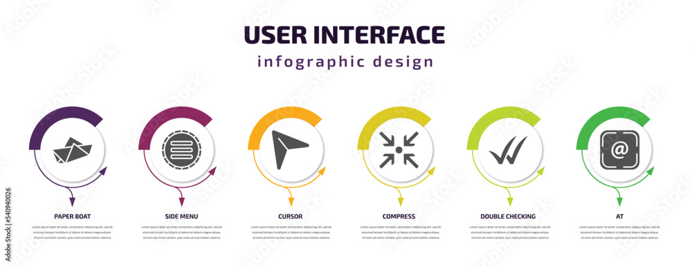user interface infographic template with icons and 6 step or option. user interface icons such as paper boat, side menu, cursor, compress, double checking, at vector. can be used for banner, info