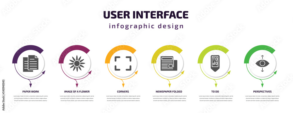 Fototapeta premium user interface infographic template with icons and 6 step or option. user interface icons such as paper work, image of a flower, corners, newspaper folded, to do, perspectives vector. can be used